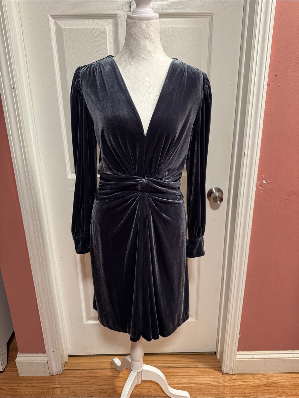 Vince Camuto Charcoal Velvet Twist-Front Long-Sleeve Dress NWT